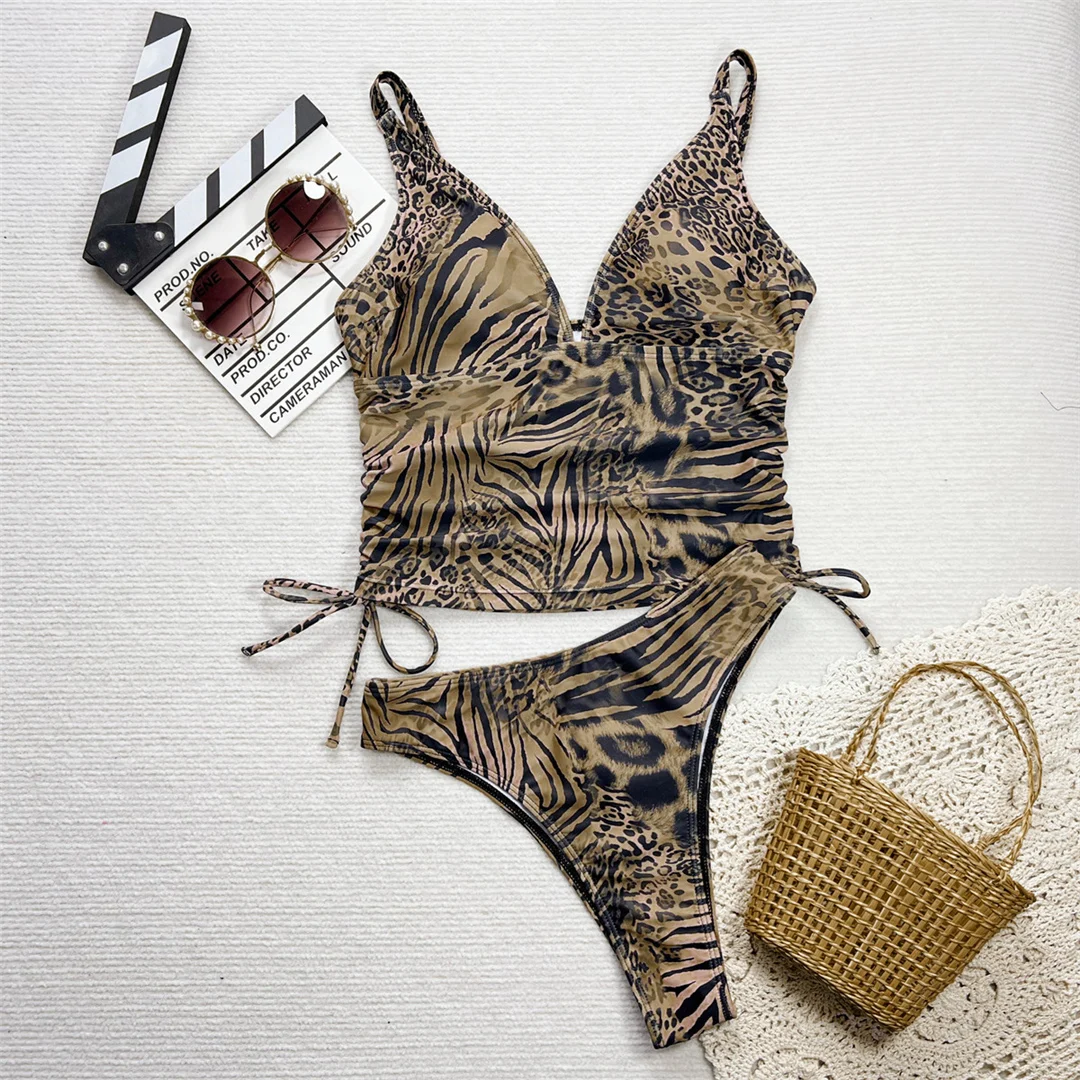 Leopard-Tankini, Bikini mit tiefem V-Ausschnitt, Damen-Badeanzug, zweiteiliges Bikini-Set, brasilianischer Badeanzug, Badebekleidung, Modell V6926. – Detail 10