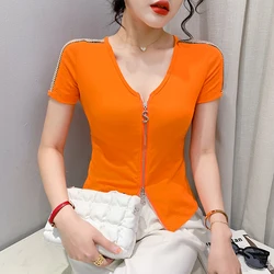 2023 Summer Korean Clothes Cotton T-Shirt Chic Sexy Double Zipper Women Tops Short Sleeve Patchwork Hollow Out Chain Tees 33062