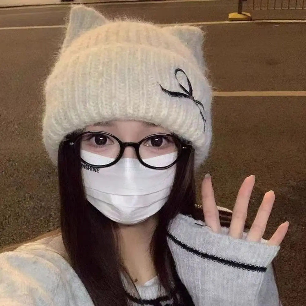 

Fashion Solid Color Cat Ear Beanie Thickened Windproof Knitted Woolen Hat Korean Style All-match Knitted Skullies Autumn