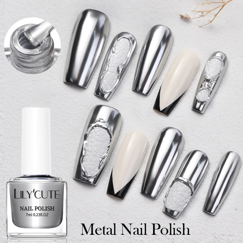 LILYCUTE 7ml Silver Mirror Metallic Nail Polish Super Bright Metal Effect Manicure Nail Art Varnish Quick Dry No Need Lamp Cured
