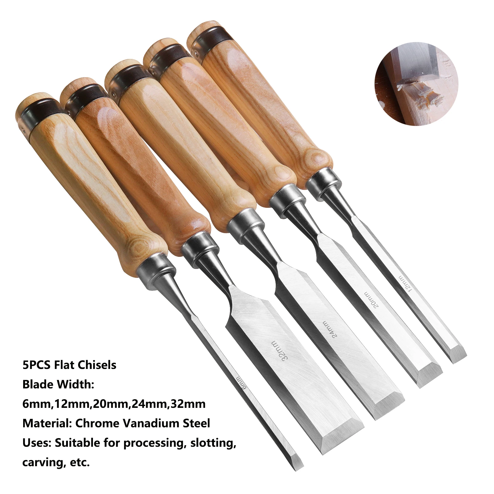 

5pcs Woodworking Chisel Carpentry Flat Chisels 6mm 12mm 20mm 24mm 32mm Chrome Vanadium Steel Wood Carving Chisel