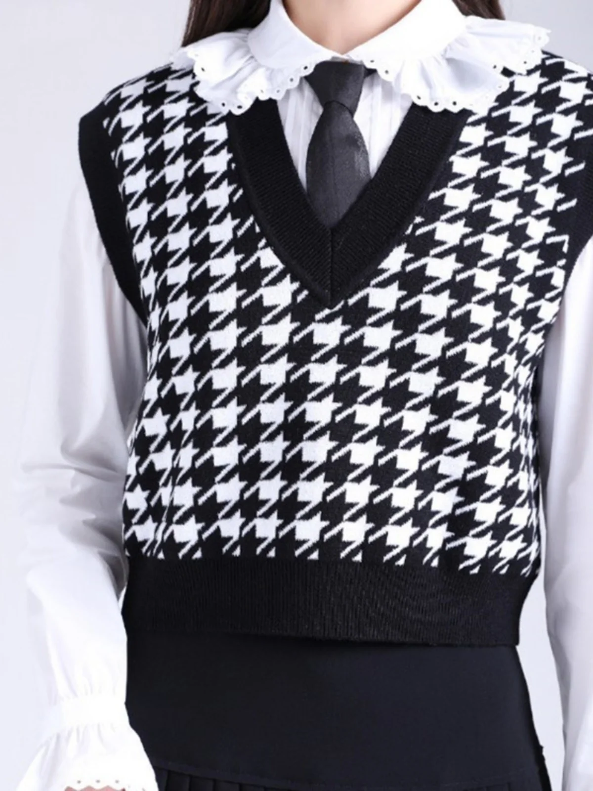 

Goka Women's Knitted Wool Vest 2026 Spring New Sle V-ne Tweed Pattern Faionable Outerwear ort Sve Sweet Sle