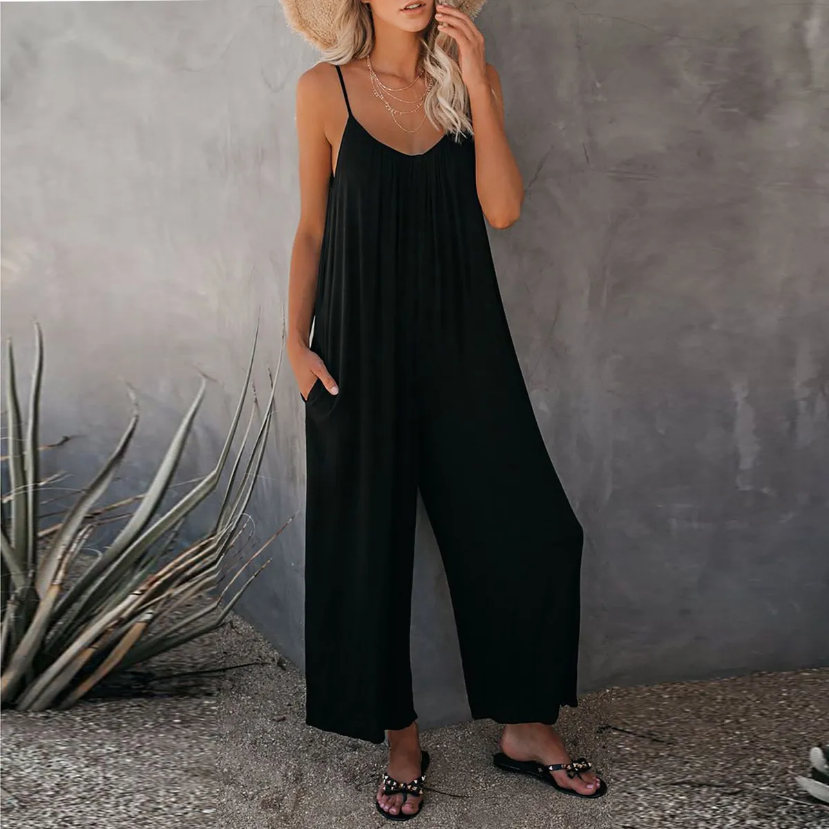 Summer New Women's One-Piece Rer Casual Pure Color ket Design Strap Suit Long Pants Polyester Fiber Faion Set