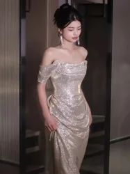 Robe de Soirée en Forme de Sirène Froncée à Paillettes, Tenue de Bal, Banquet, Longue, Légère, en Forme de Queue de Poisson