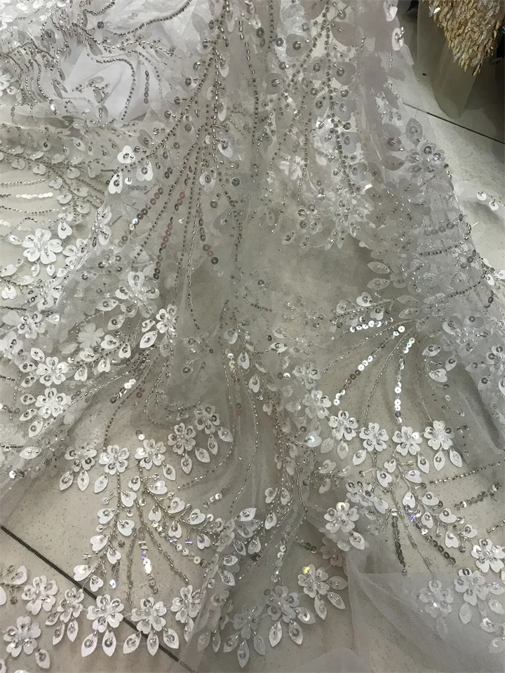 

African J-13028416 Lace Fabric High Quality French Luxury Beads Lace Nigerian Sequins Tulle Lace Fabric For Wedding