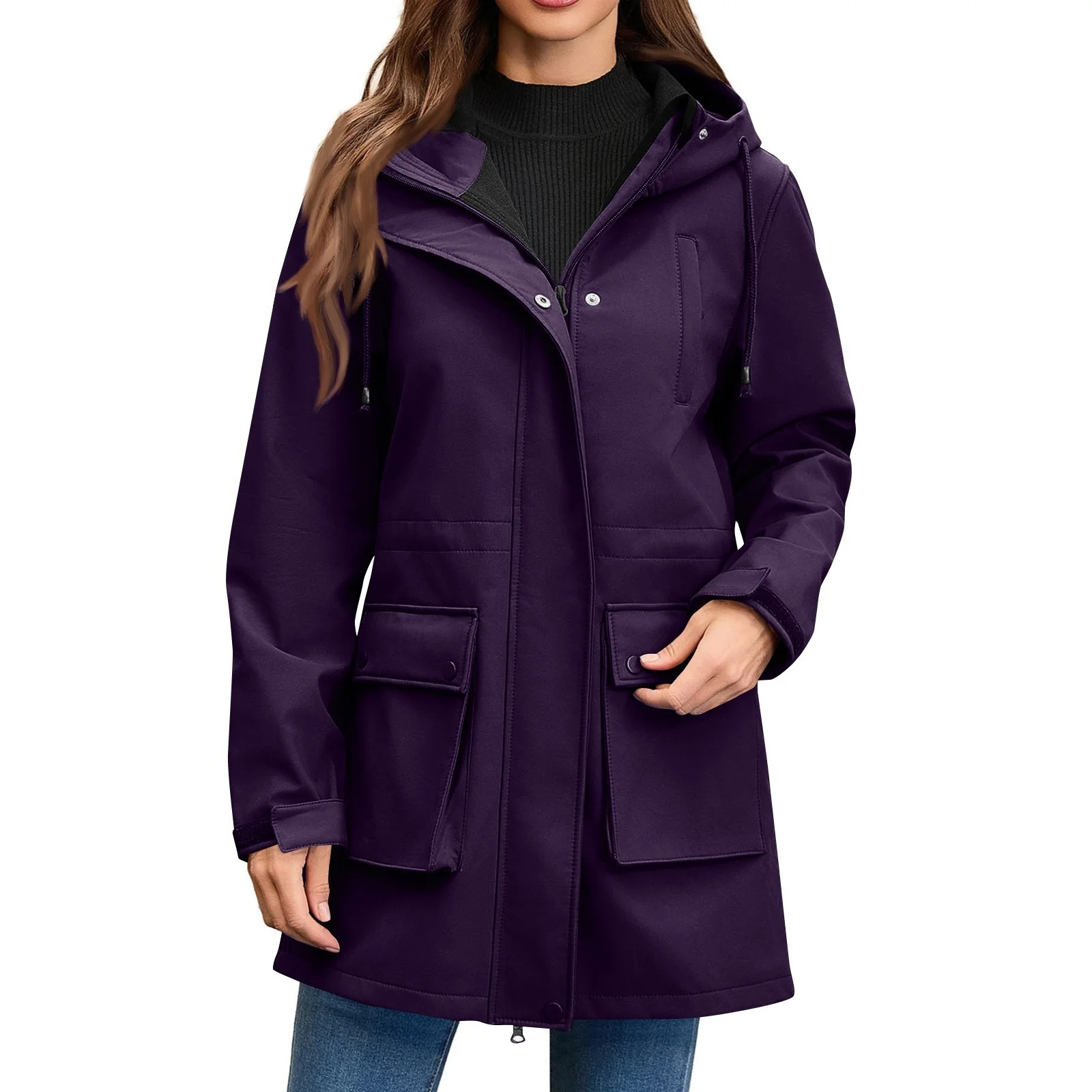 Women Casual Solid Zipper Coat Streetwear Long Sleeve Hooded Pocket Loose Windbreak Women's Zip Up Drawstring Rain Jacket Tops ﻿ view 3