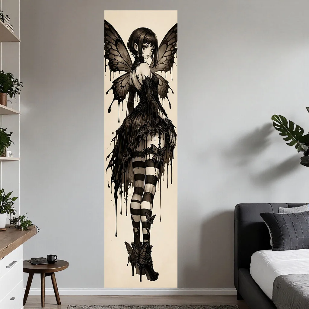 Gothic Dark Butterfly Fairy Anime Girl Tapestry Ink Drip Wing Striped Stocking Wall Hanging Vintage Grunge Aesthetic Bedroom Dor