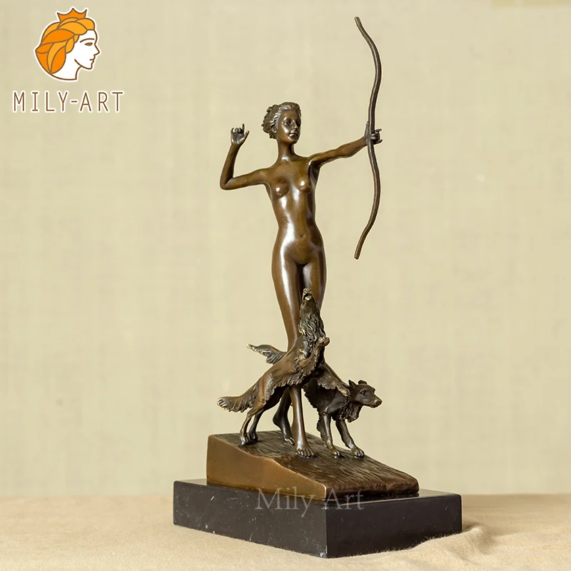 Greek Artemis Bronze Sculpture Goddess Hunting and Moon  Bronze Statue Home Decor Statues Art Ornament Collectible Figurines