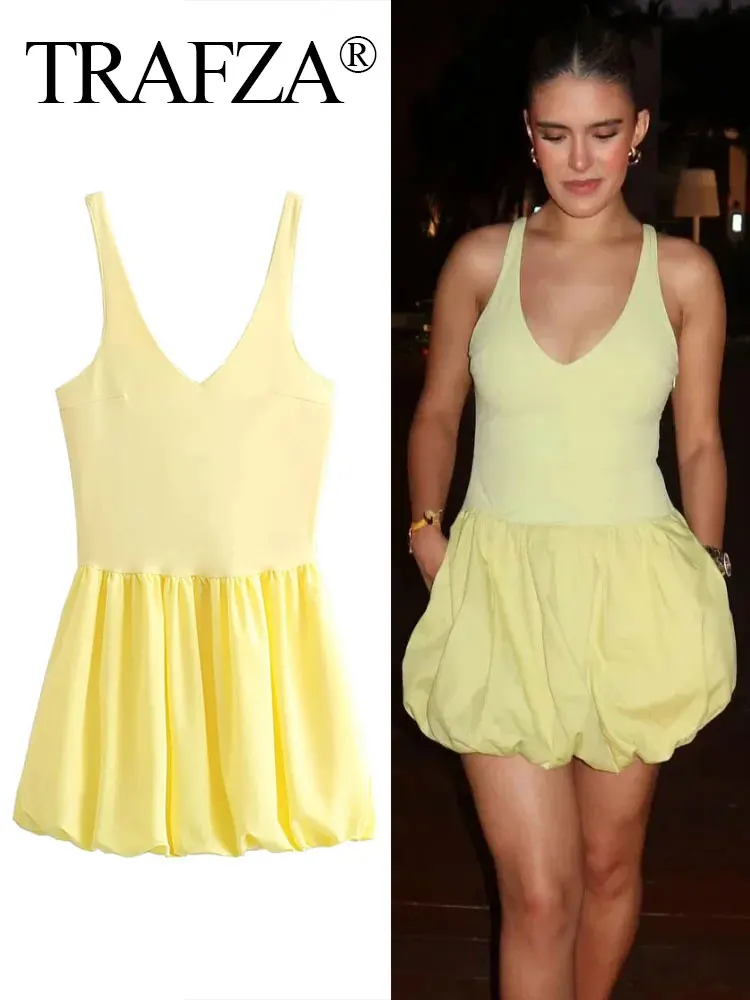 TRAFZA 2024 Summer Women's Dress V Neck Sleeveless Solid Slim Mini Dresses Female Chic Sexy Party Streetwear Pleated Even Dress