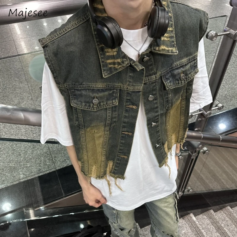 

Denim Vests Men Washed Retro European Style Cropped Pockets Frayed Streetwear Comfortable Aesthetic Stylish Handsome Advanced