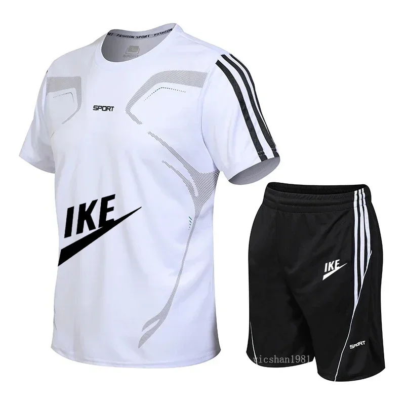 

Summer 2025 new sports men breathable short sleeve set outdoor running training fast dry round neck T-shirt + shorts 2 sets