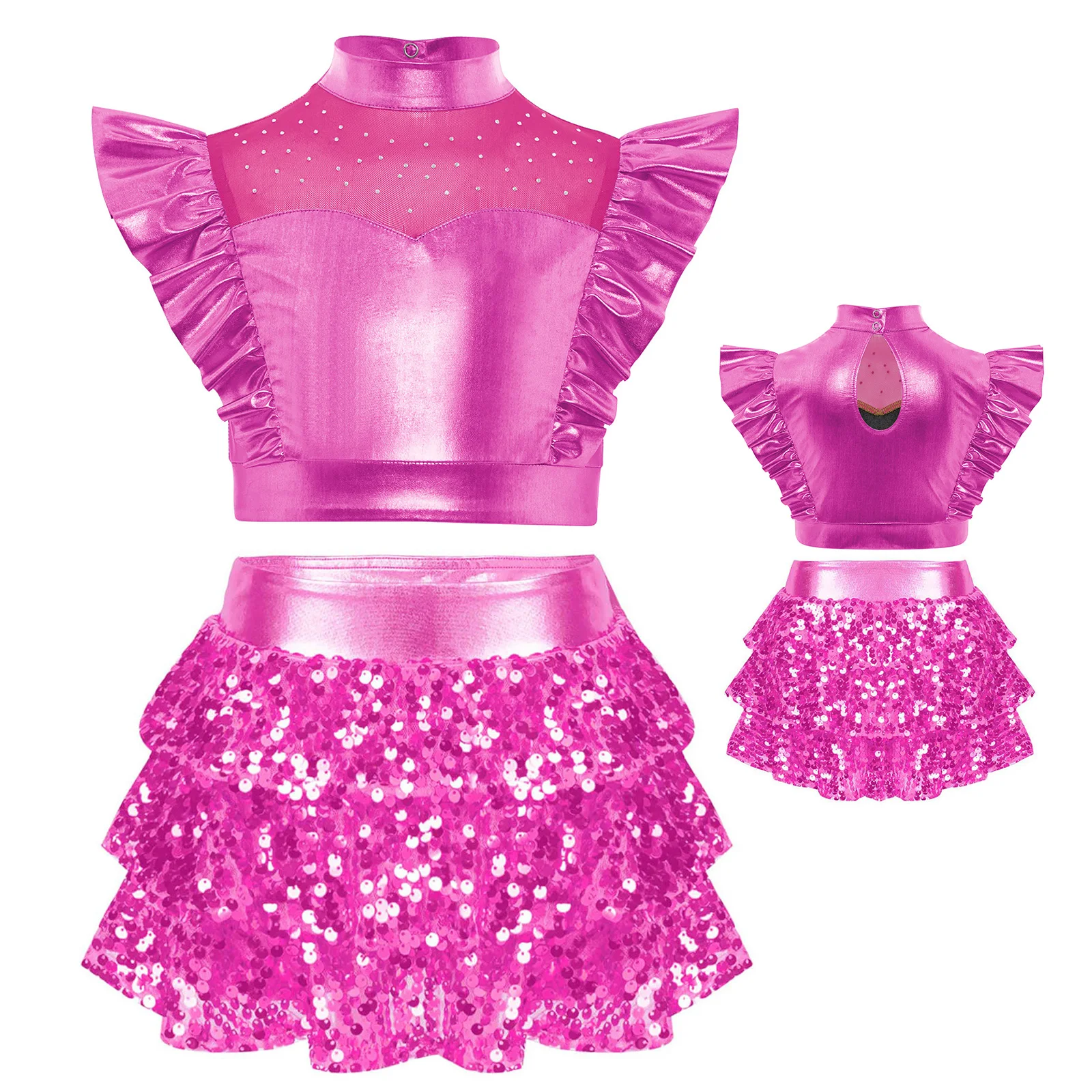 

Kids Girls Jazz Hiphop Dance Outfit Cheerleading Stage Performance Costume Metallic Ruffle Crop Tops with Tiered Culottes Set