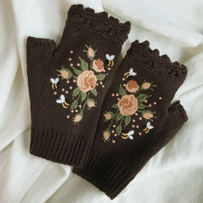 Winter Half Finger Gloves Knit Fingerless Mittens wth Thumb Hole Floral Embroidery Solid Color Hand Warmer for Women