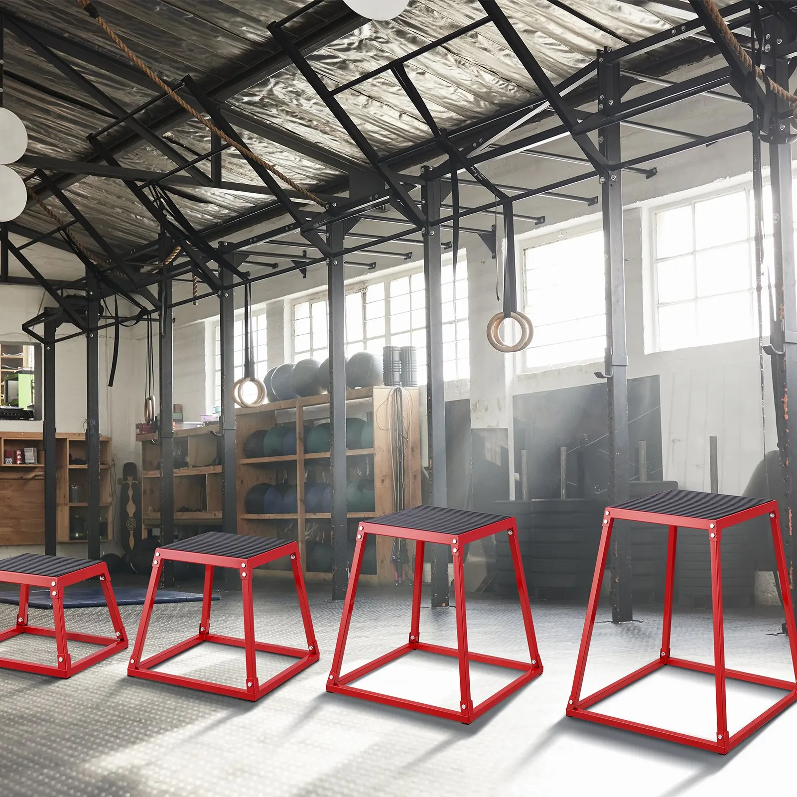 Boîtes de saut pliométriques rouges, lot de 4, tailles 305/458/609/762 mm, surface antidérapante, ensemble de marches de fitness portables, adaptées à l'entraînement de résistance et de force.