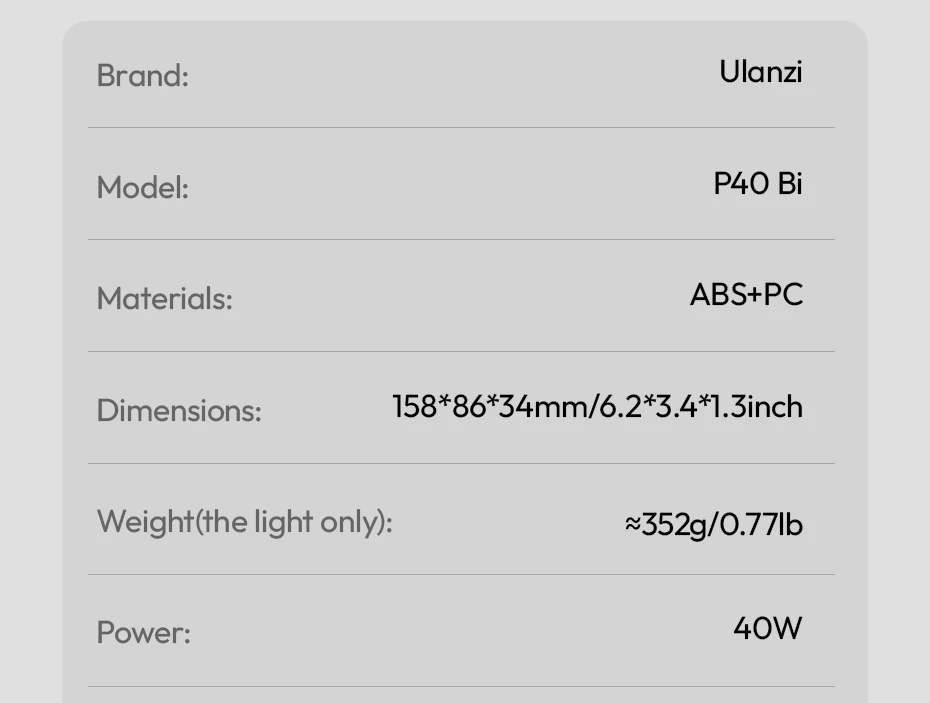 Ulanzi P40 Bi/P40 RGB 40W Videoleuchte 14000Lux 37Wh mit LED-Anzeige für Porträt Stillleben Fotografie Schießen Lichtmalerei – Detail 18