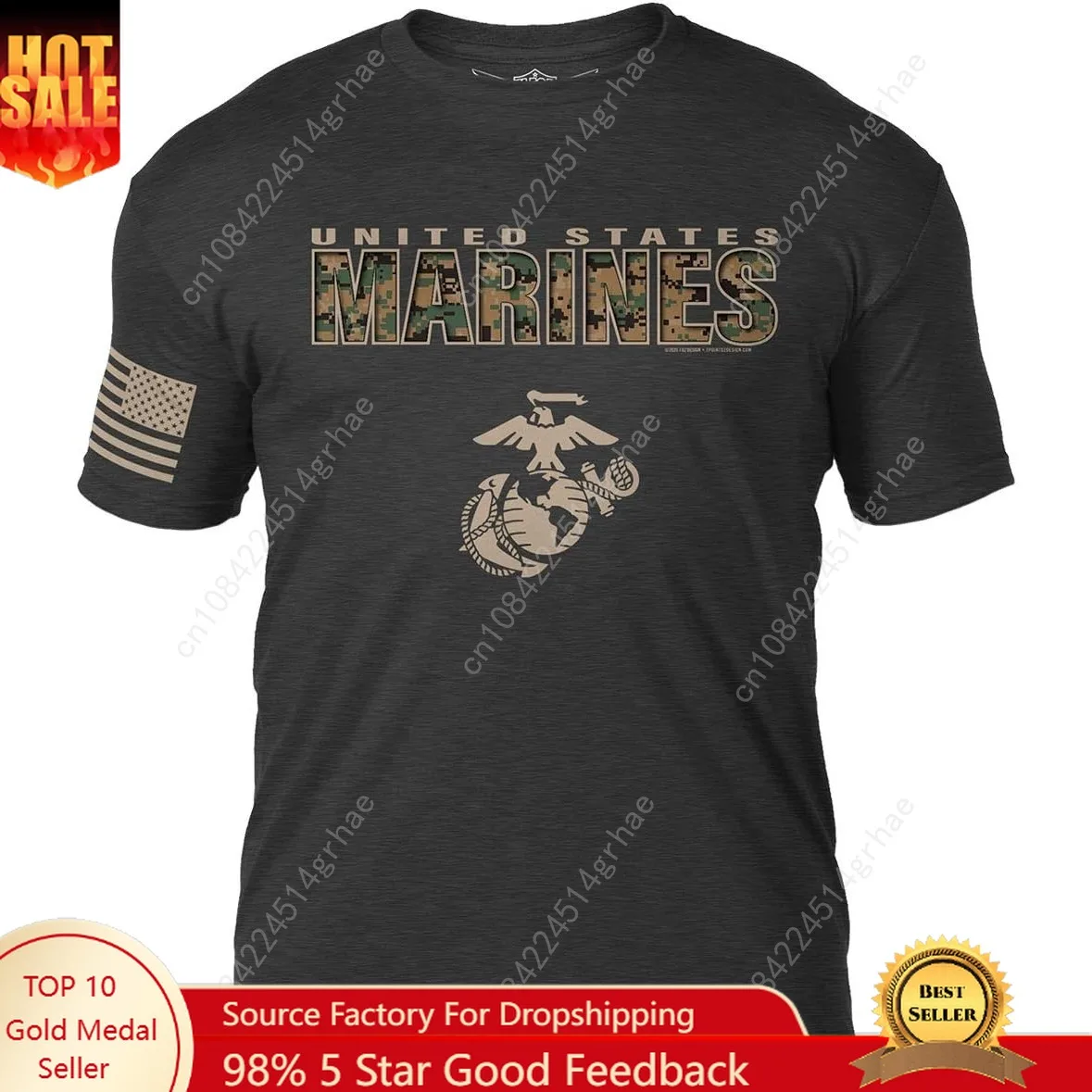 

7.62 Design US Marine Corps MARPAT 'Camo Text' Men's T-Shirt Heather Black