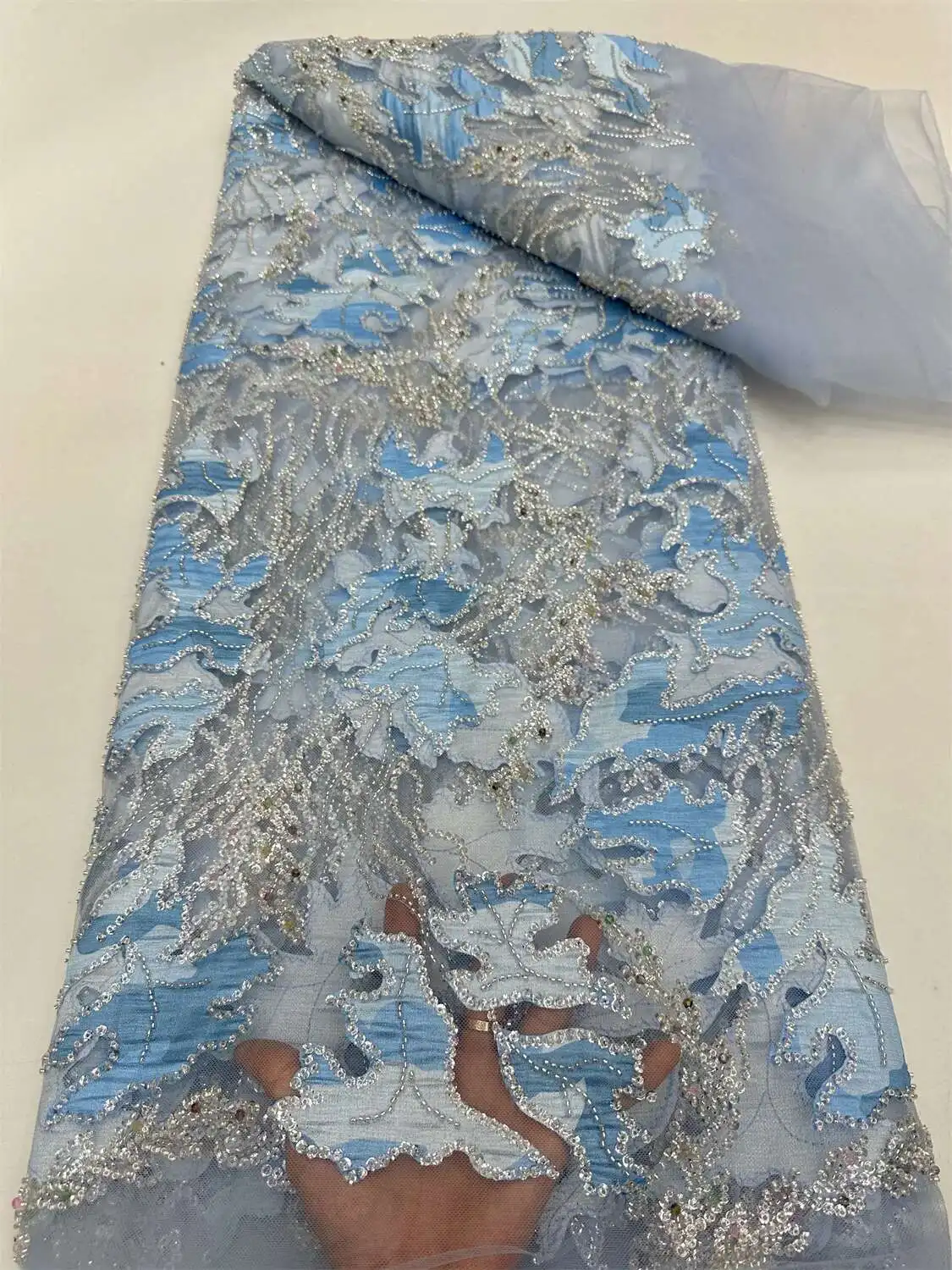 

African Sequins Pearls French Tulle Lace Fabric 2025 High Quality Bridal Luxury Heavy Beaded Lace Fabric for Wedding