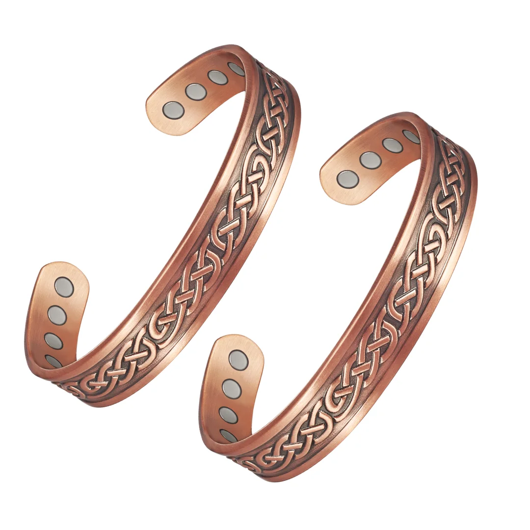 Wollet Pure Copper Bracelet for Women Men, Magnetic Adjustable Bracelet with Magnet, Jewelry Gift (2 Pcs)