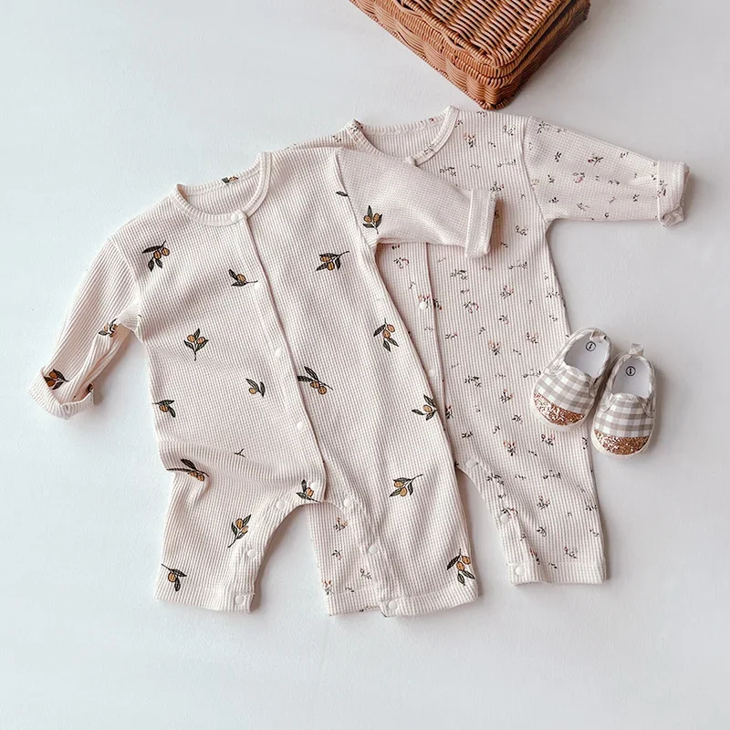 Infant Spring Autumn Costume Girl Baby Waffle Cardigan Floral Print Long Sleeve Jumpsuit Toddler Boy Cotton Lemon Fashion Onesie