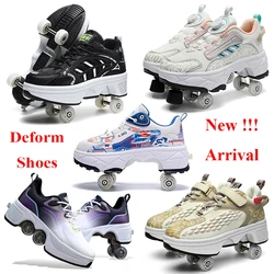 Patins Sapatos Deforma Roda 4 Rodas Patins Criança Adulto Casual Deformação Parkour Runaway Sneakers Rodadas Caminhada Esporte Ao Ar Livre Patins de linha dupla, jogo deslizante, sapatos de treinamento deslizantes