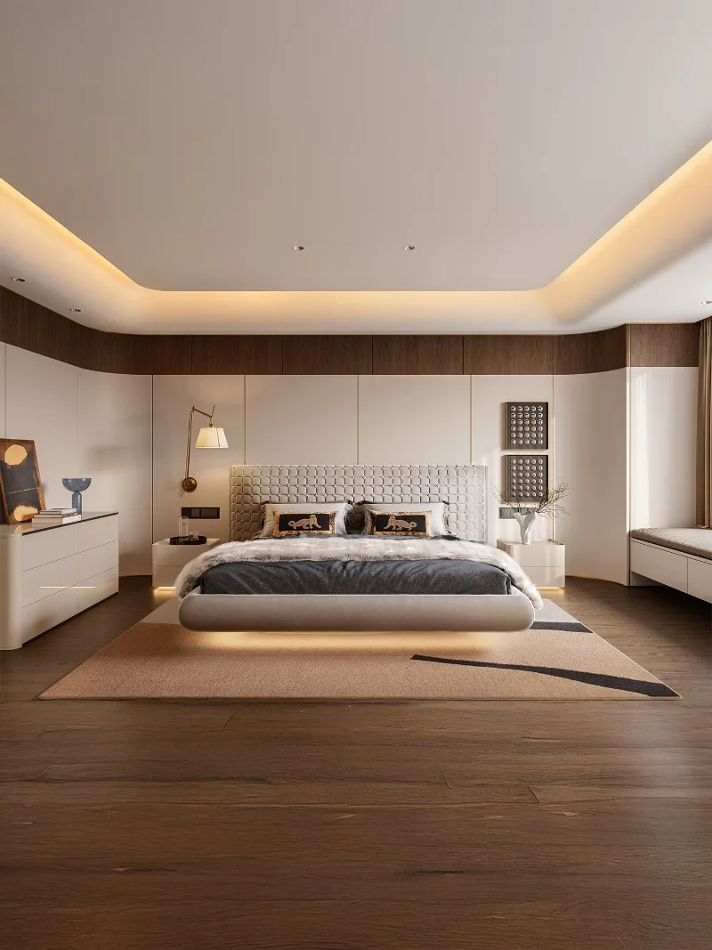 French cream style fabric floating bed master bedroom bed wide screen light luxury designer model 1.8 meters S