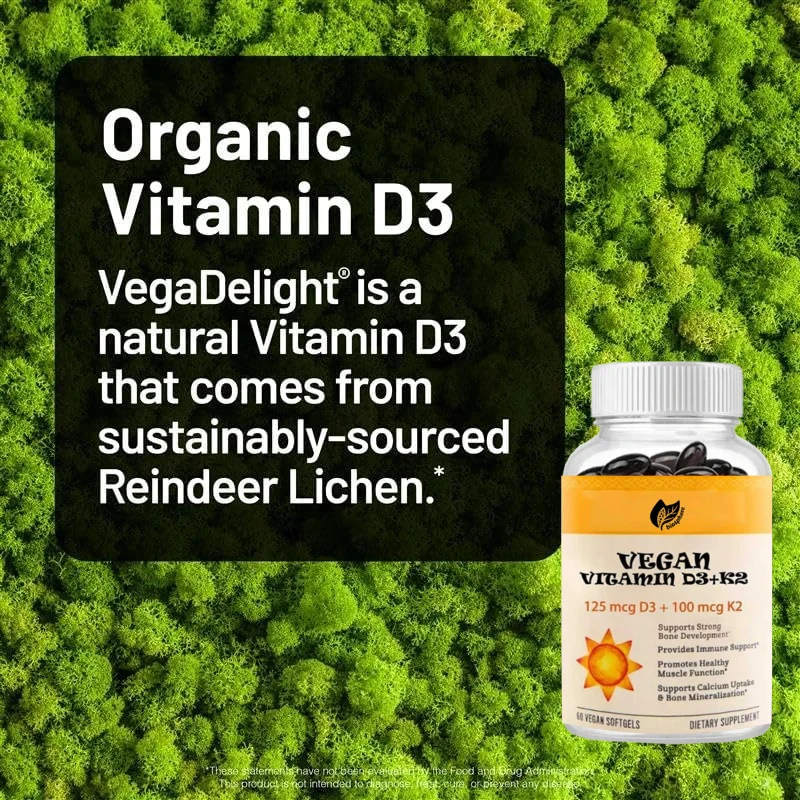 فيتامين D3+K2 النقي، دعم العظام، امتصاص عالي لزيت الزيتون العضوي المضغوط على البارد - غير كائنات معدلة وراثيًا، 60 كبسولة