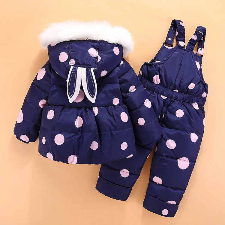 RAISE Winter Baby Girls 2PCS Set Rabbit Ear Soft Fur Hooded Infant Girl Down Jacket Snowsuits Contrast Dot Strappy Pants Outfits