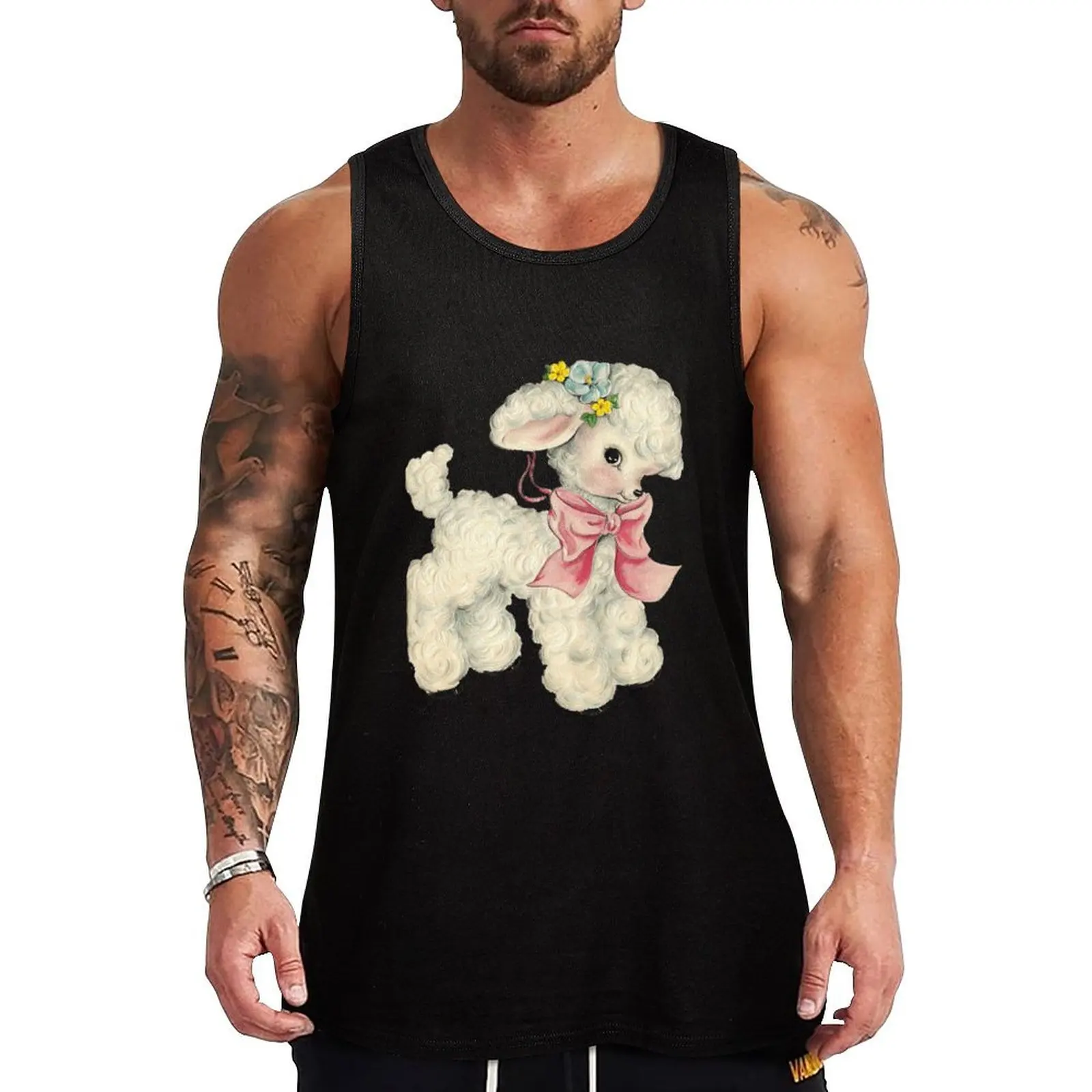 Vintage artwork of a cutesy lamb Tank Top muscular man gym clothes men gym shirts