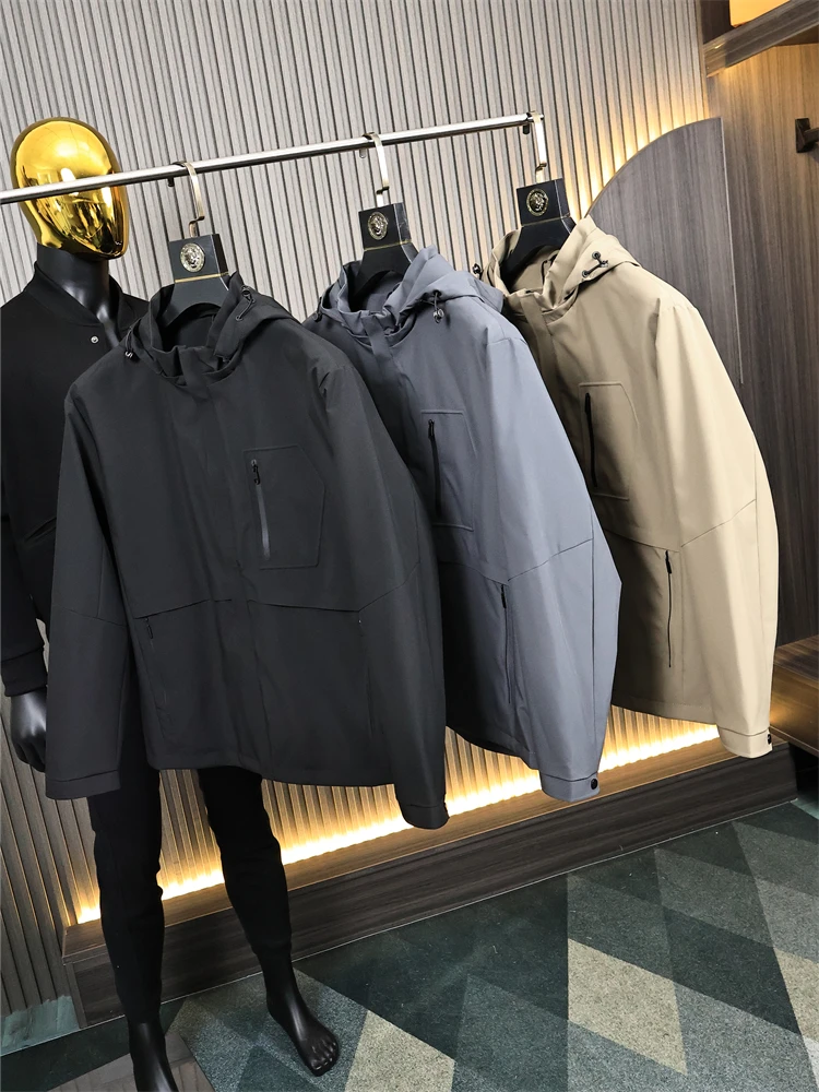 Outdoor High-End Wear-Resistant Waterproof Spring Men's Casual Hooded Jacket Fashionable Pressed Pocket Loose Fit Youth Jacket