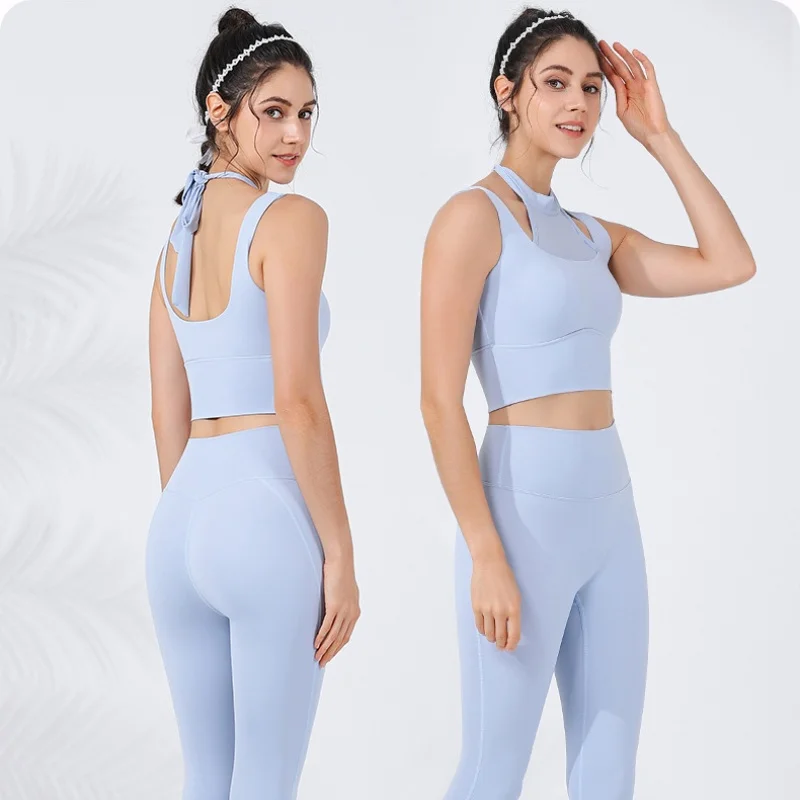 Pure Color Women Yoga 2 Pieces Tracksuit Halter Neck Mesh With Chest Pad Tank Tops+High Waist Bandage Leggings Breathable Sets