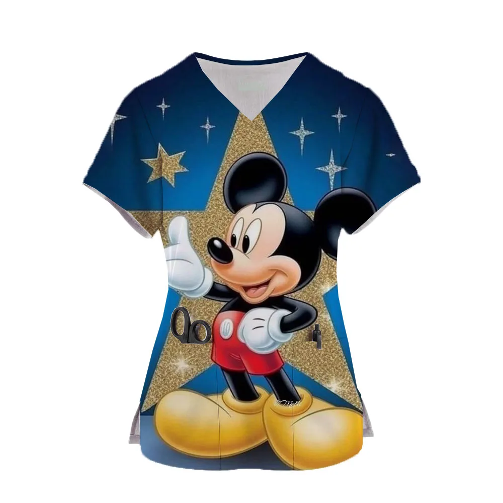 Hospital Working Uniforms Medcine Minnie Mickey Mouse Print Nursing v-neck Blouse Dental Clinic Uniform Medical Nurse Scrub Tops image 5