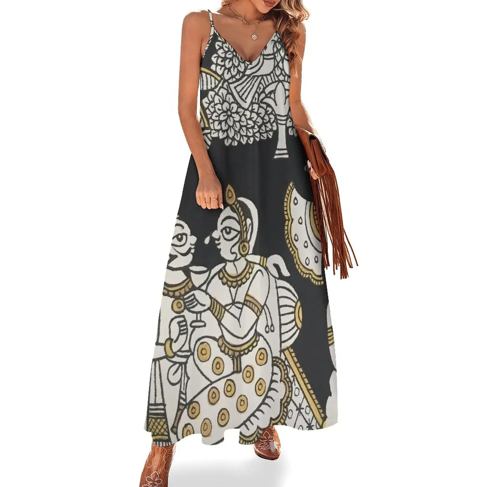 

Royal couple, Phad painting, Indian folk art, watercolor painting Sleeveless Dress Woman dresses loose women's dress Dress