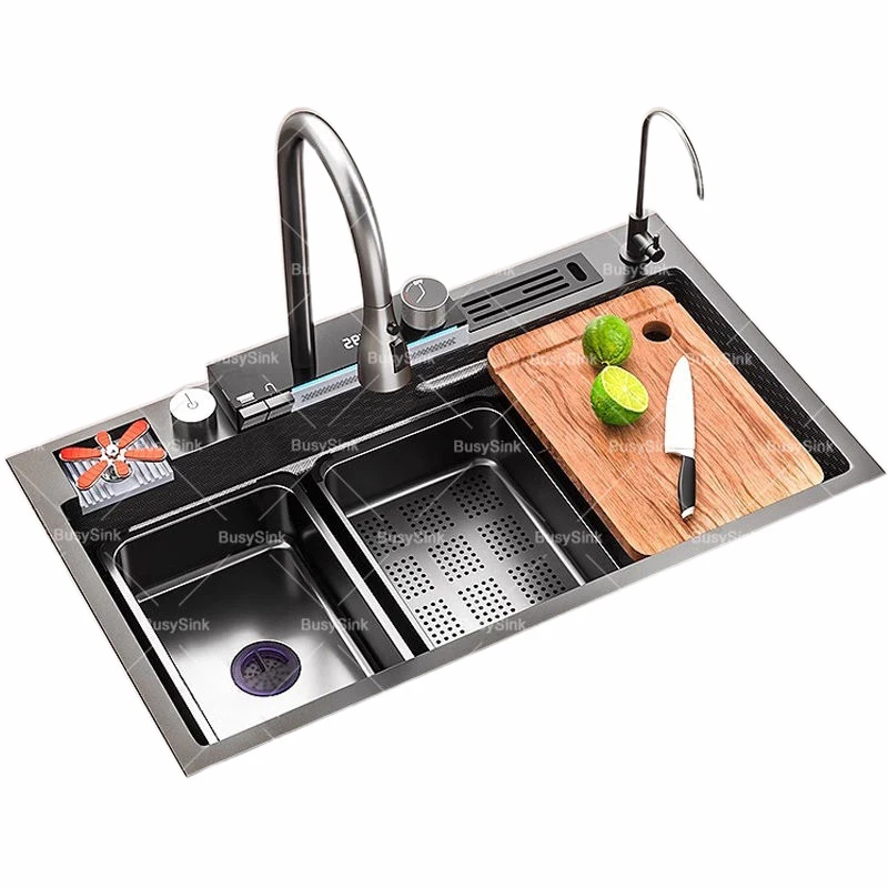 Upgraded Black Undermount Stainless Steel Smart Kitchen Sink Single Bowl Waterfall Faucet With Digital Display