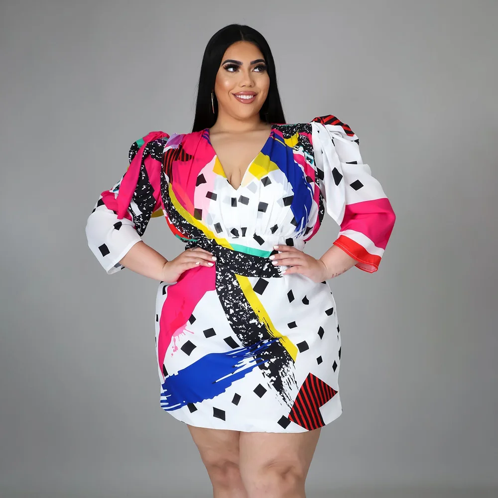 Plus Size Female Dresses Polka Dot Fashion Colorful Printing Half Body Dress Casual V-neck Waist Pullover Short Dress For Women