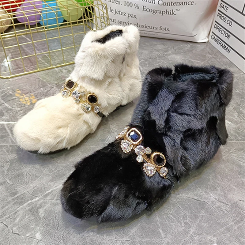 Crystal Decor Winter Warm Furry Botines Mujer stivali da neve in pelliccia di visone di lusso suola spessa scarpe con plateau Skidproof Walking Flats