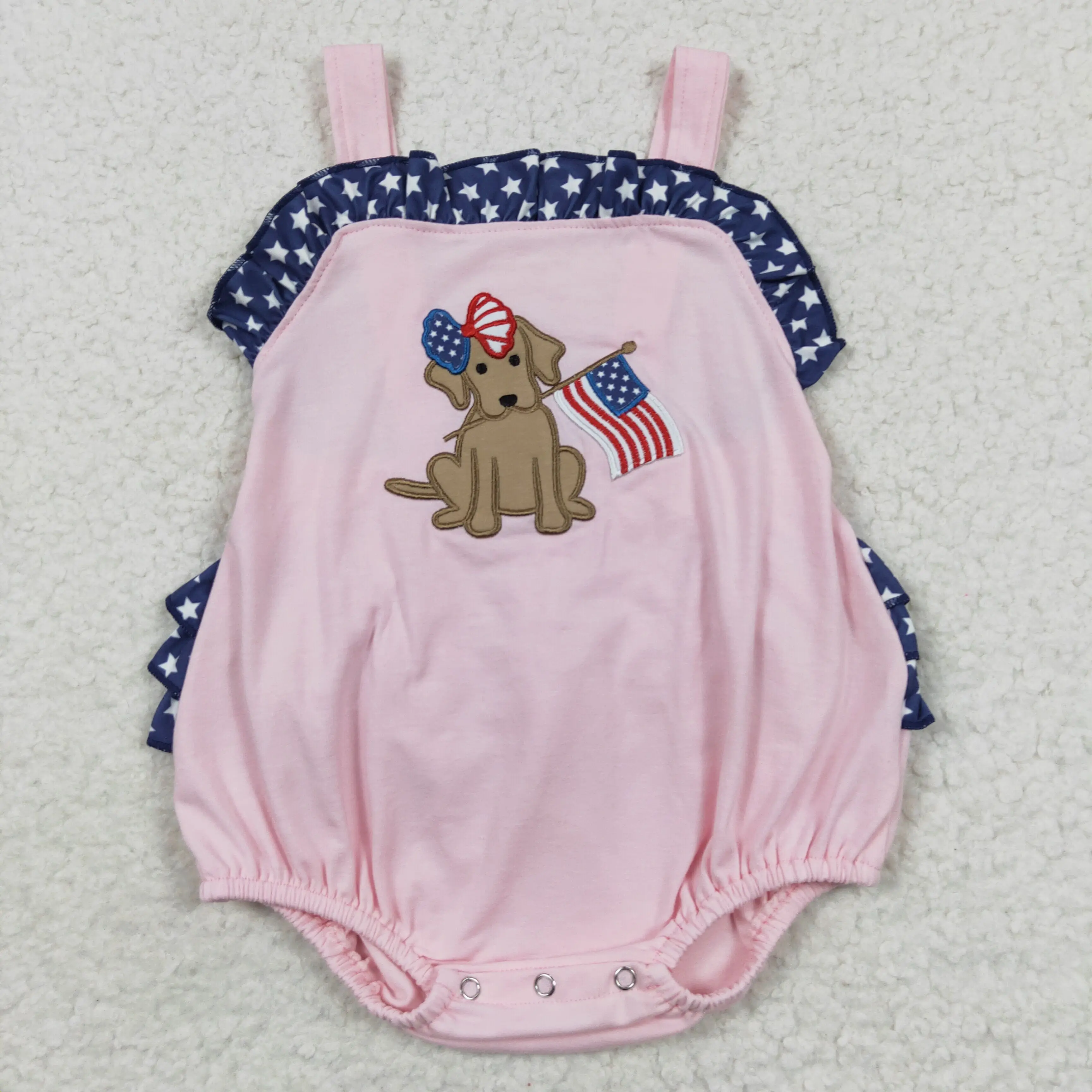 

2​023 New Arrival RTS Toddler July 4th Clothes New Baby Stars Ruffle Bodysuits Little Girls Embroidery Rompers