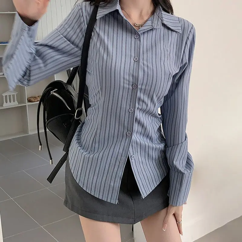 Suits Striped Shirts+Irregular Skirt Women Vintage Long Sleeve Slim Blouses Preppy Streetwear Y2K Korean Casual 2 Piece Set New