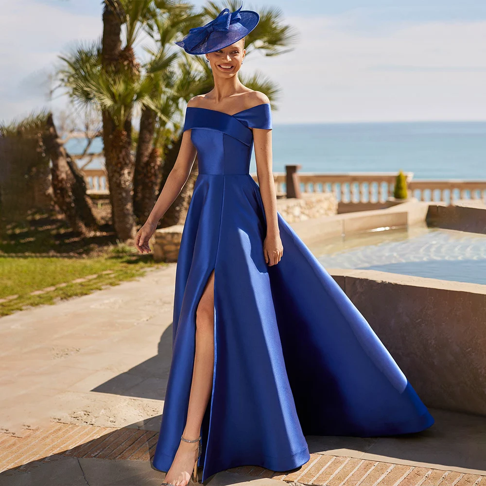 Customized Modern Mother of the Bride Dress Royal Blue Satin Off Shoulder Women's Wedding Guest Gowns Side Split Formal Dress