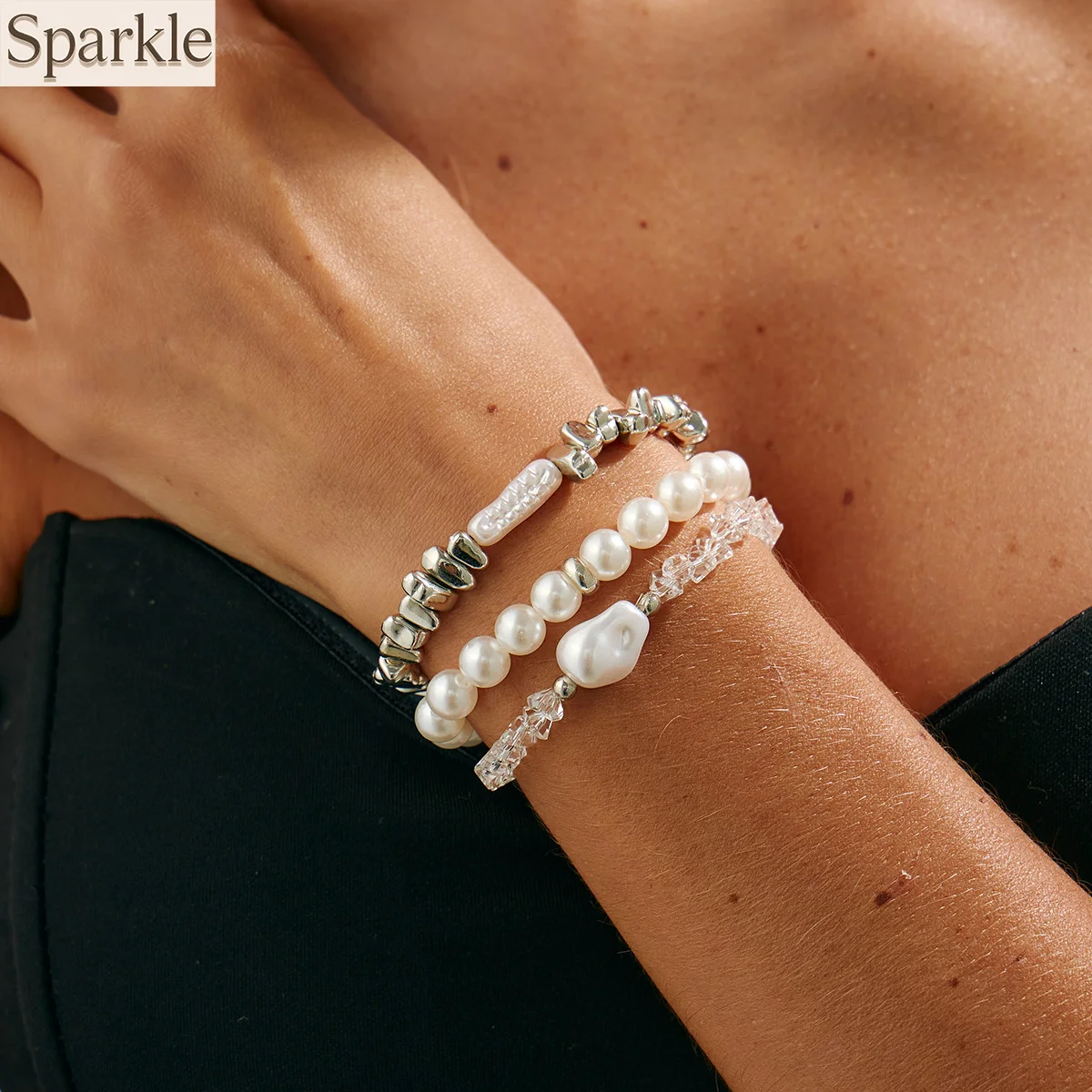 

Baroque Imitation Pearl & Irregular Crystal Stacking Bracelet Set 3-Piece Trendy Hand Jewelry Beads spliced Bracelet Hand Chain