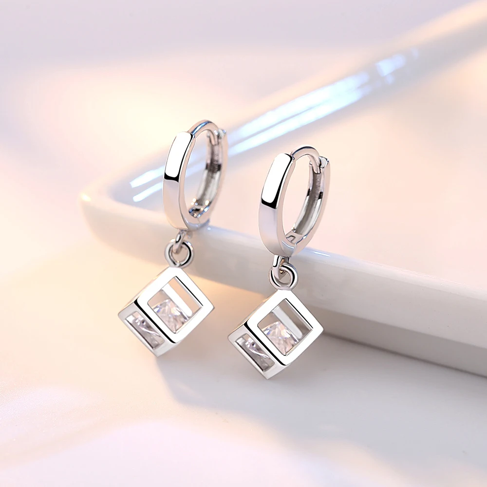 925 Sterling Silver Fashion Jewelry Crystal Hollow Square Box Drop Earrings For Woman New XY0008