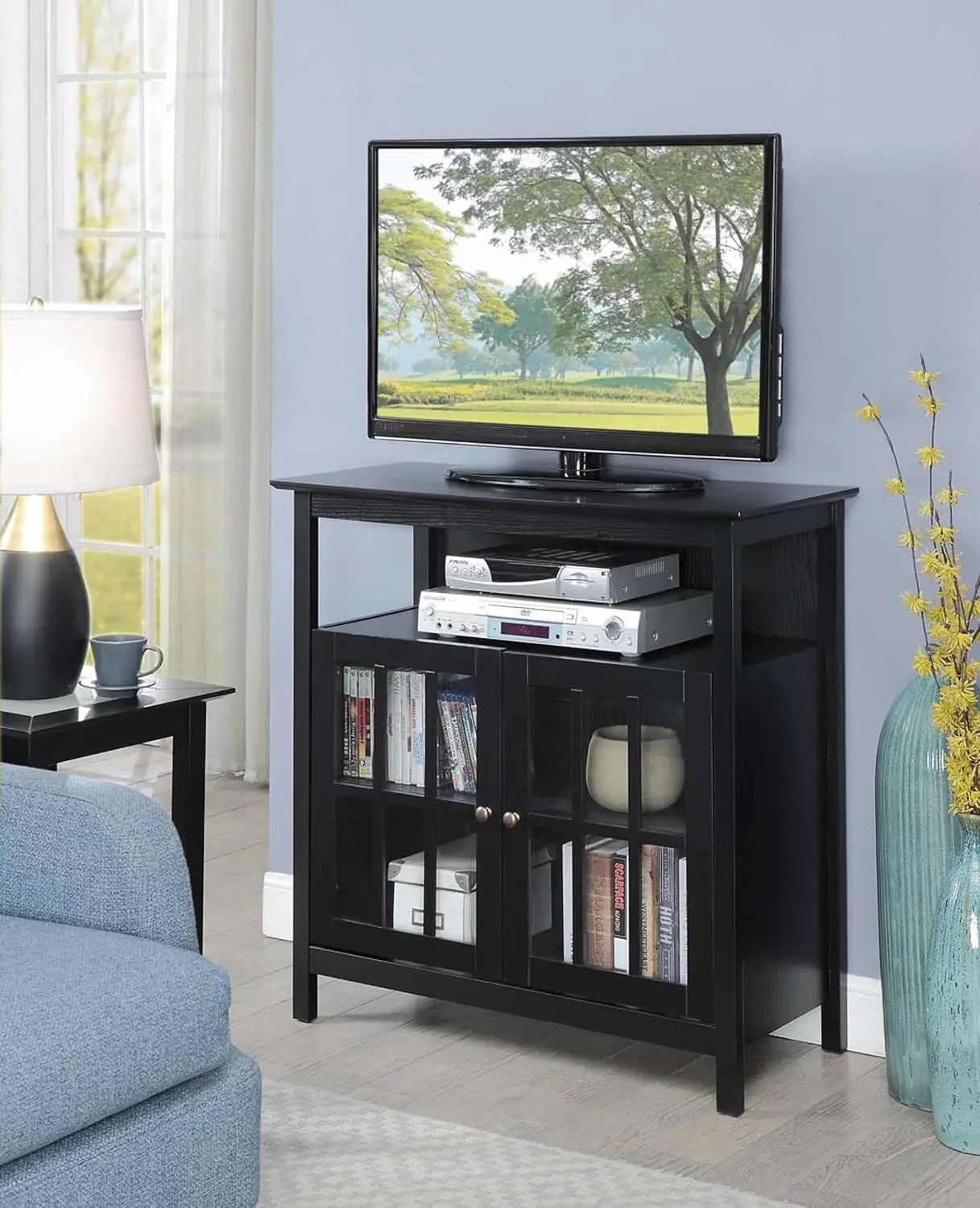 Highboy TV Stand with Storage Cabinets, Black