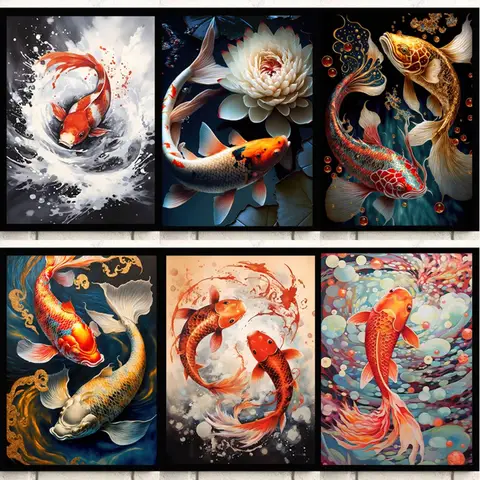 Modern Golden Lotus with Koi Fish Posters and Prints Canvas Painting Colorful Yin Yang Koi Wall Art Picture for Room Home Decor