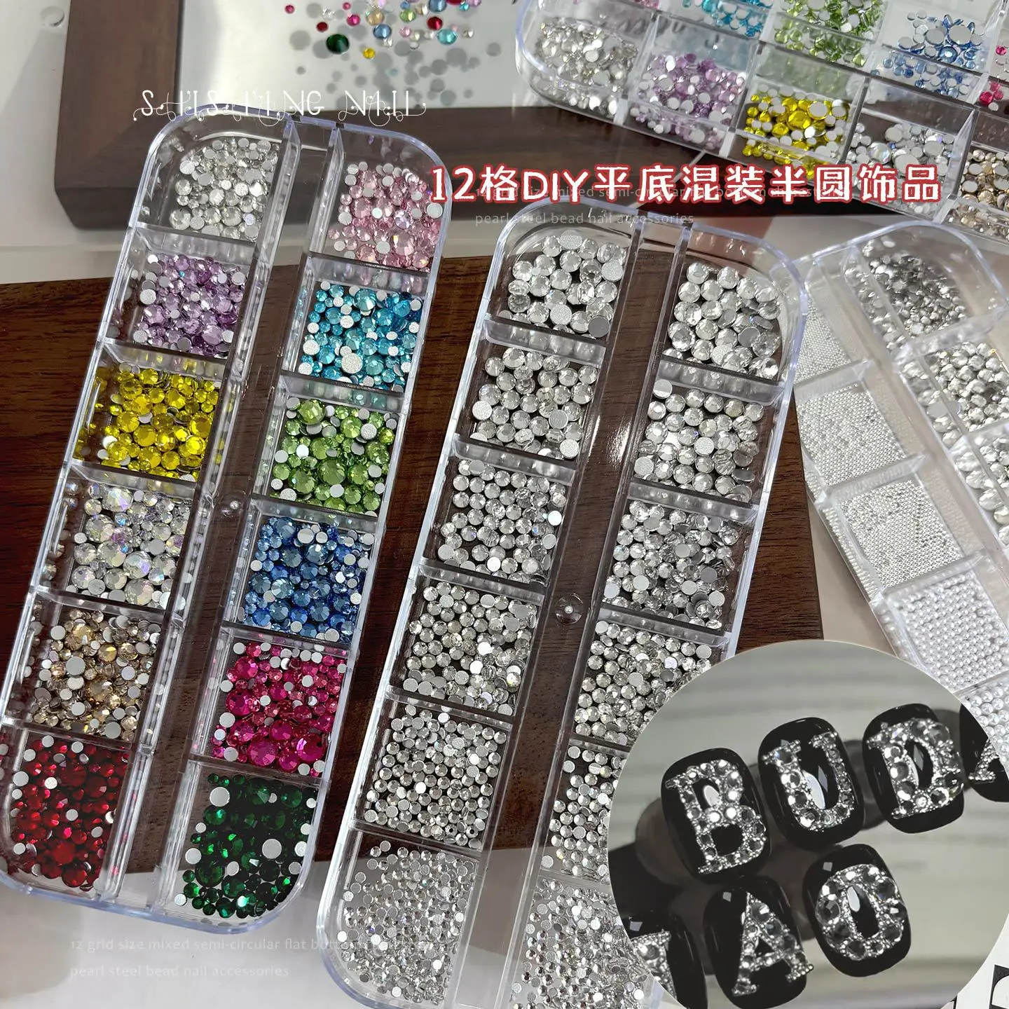 12 Grids Mix Size Semi Round Pearl FlatBack Diamond Nail Charms Multi Color Glass Gems Alloy Caviar Beads Manicure Accessories