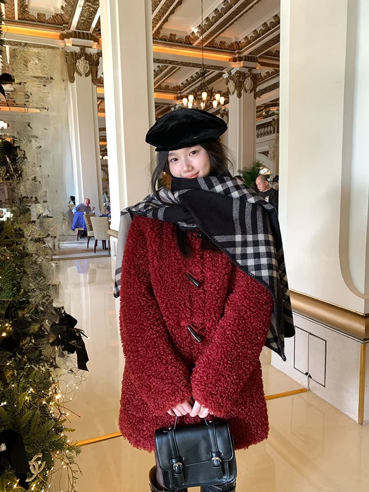 

YOKLASS Красное пальто из овечьей шерсти с пуговицами из рога, женская утепленная зимняя куртка в корейском стиле с длинными рукавами и воротником-стойкой