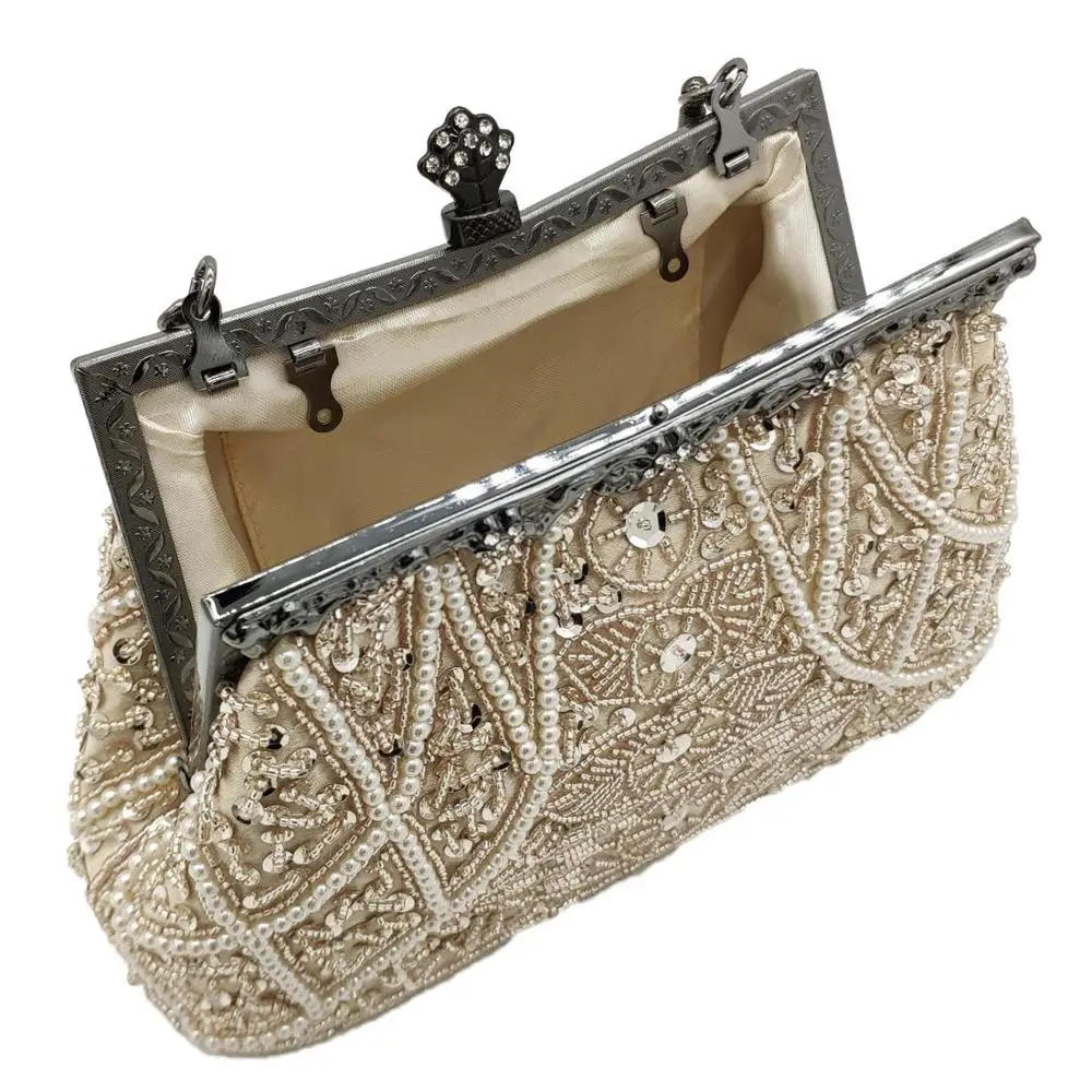 Boutique De FGG Vintage Women Champagne Beaded Evening Purses Wedding Handbags Ladies Cocktail Party Beading Clutch Bags