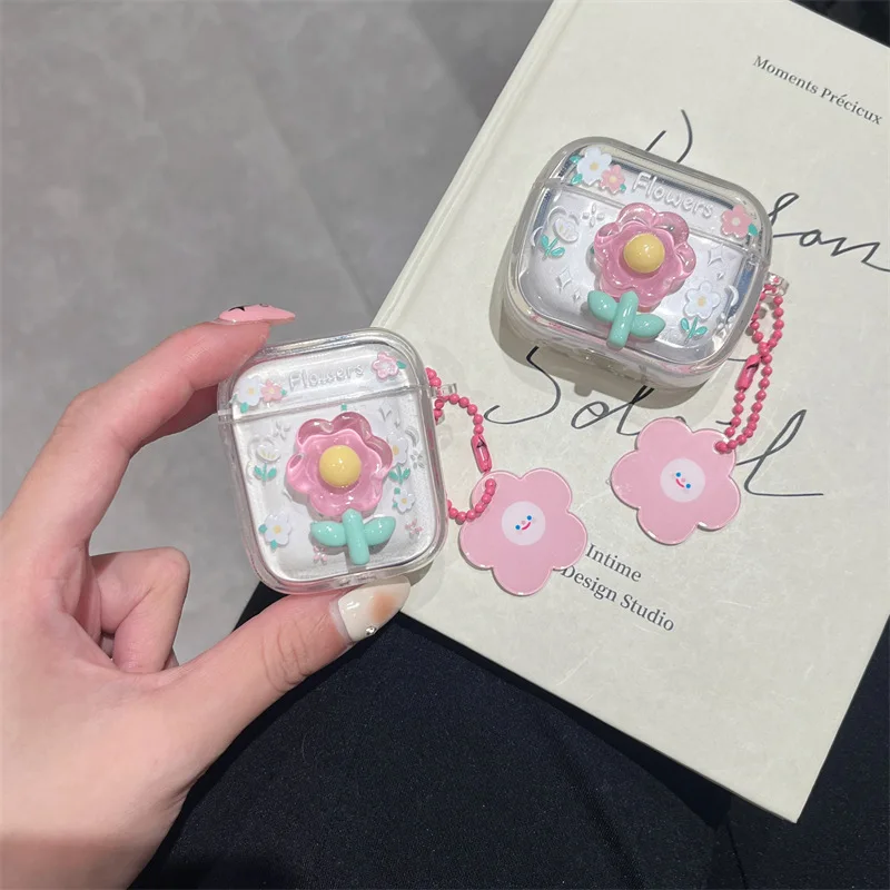 Cute Kawaii Pink Sun flowers AirPods Protective soft Case For Air pods 1/2/3 Generation With Keychain of Smile face