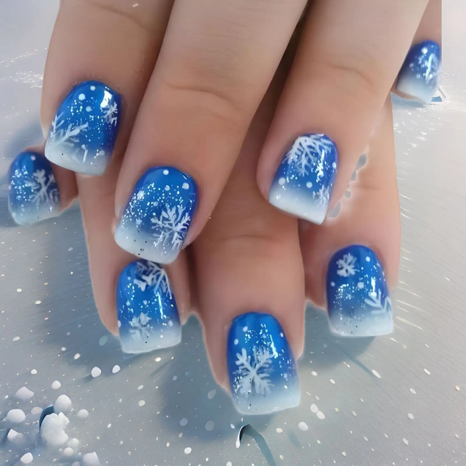 24pcs Merry Christmas Press On Nails Glitter Blue Short Square False Nail With Snowflake Designs French Fake Nail For Women