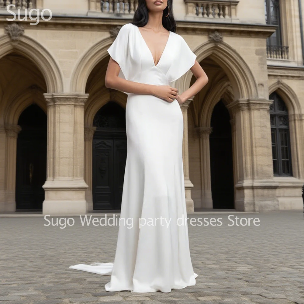

Customized Simple Long White Wedding Dresses Satin V-Neck Floor-Length Brides Dress Women Vestidos De Novias Gowns 2025
