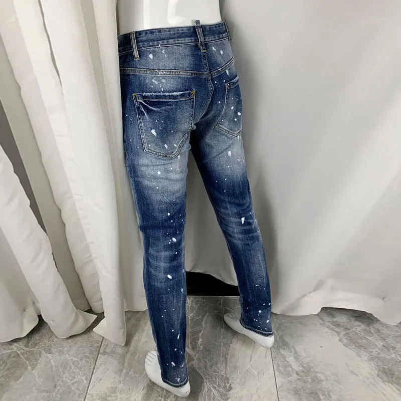 Men Bright Blue Gradient Whisker Wash White Splatter Paint Stretch Skinny Denim Jeans Casual Hip‑Hop Street Denim JeansY2K