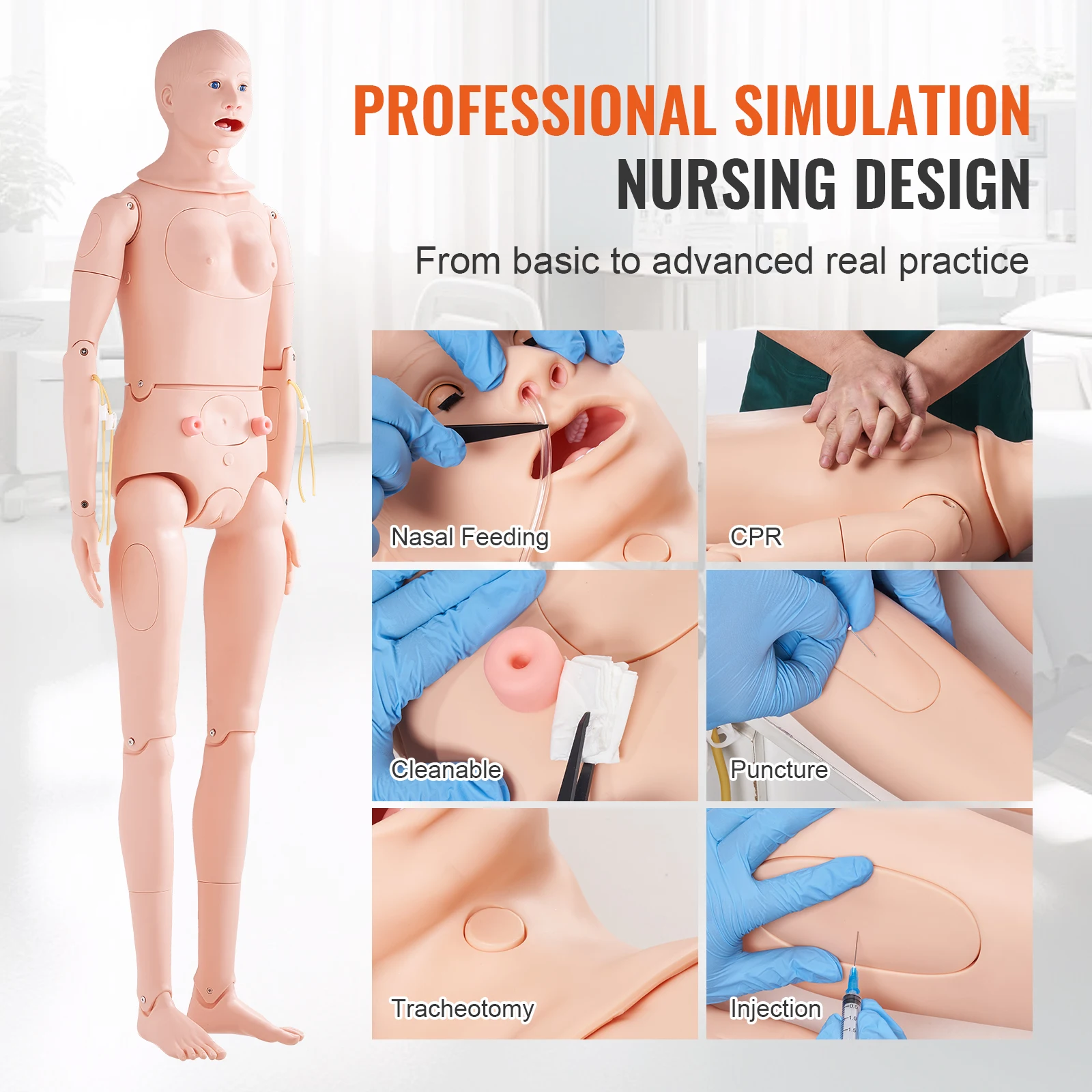 VEVOR Nursing Training Manikin Male/Female Life Size Demonstration Human Manikin PVC Anatomical Mannequin Body Care Simulator